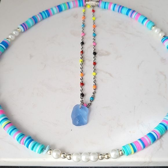Handmade Doble layer necklace stainless steel and seaglass - Picture 1 of 10